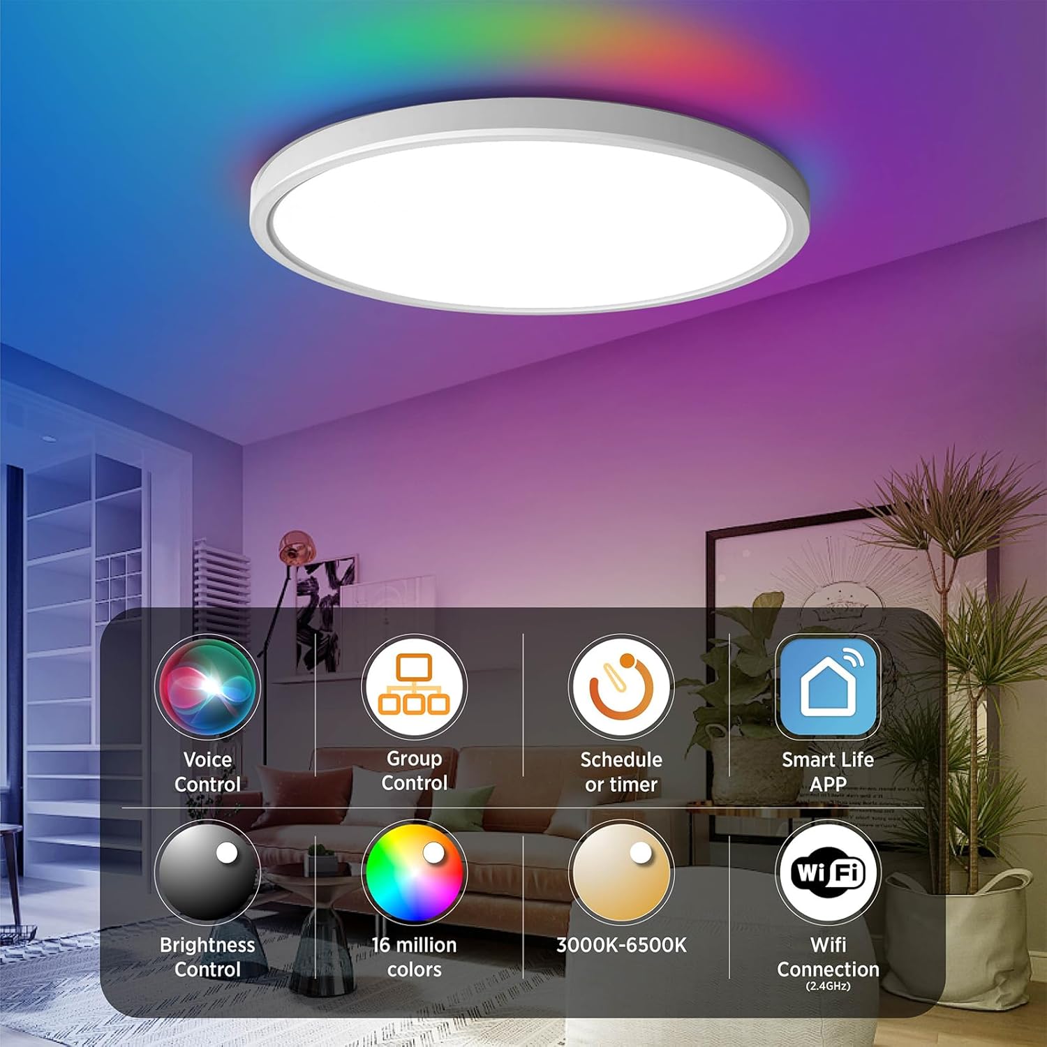 TALOYA Smart Ceiling Light Flush Mount LED WiFi,Compatible with Alexa Google Home,Dimmable Low Profile Ambient Light Fixture for Bedroom Living Room Hallway Kitchen Nursery,12 Inch,RGB - Image 2