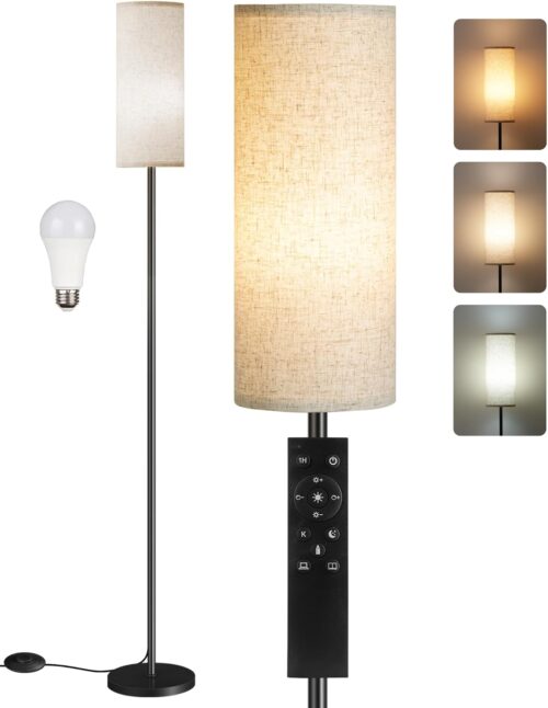 Dimmable Floor Lamp for Living Room with Remote and Foot Switch, Corner Floor Lamp for Bedroom, 66” Standing Tall Lamp, 10W 900LM LED Bulb Included, 3000K-6500K, Linen Shade, Weighted, FCC Listed