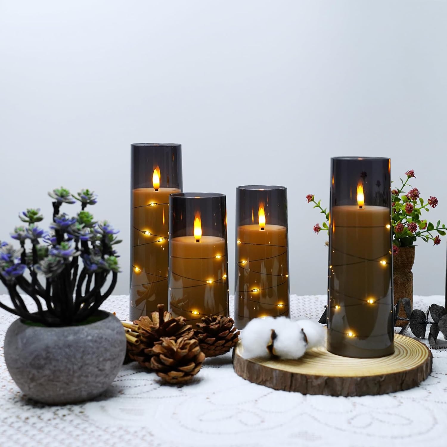 Flameless LED Candles with Timer 5 Pc Flickering Flameless Candles for Romantic Ambiance and Home Decoration Stable Acrylic Shell,with Embedded Star String,Battery Operated Candles(Grey) - Image 3