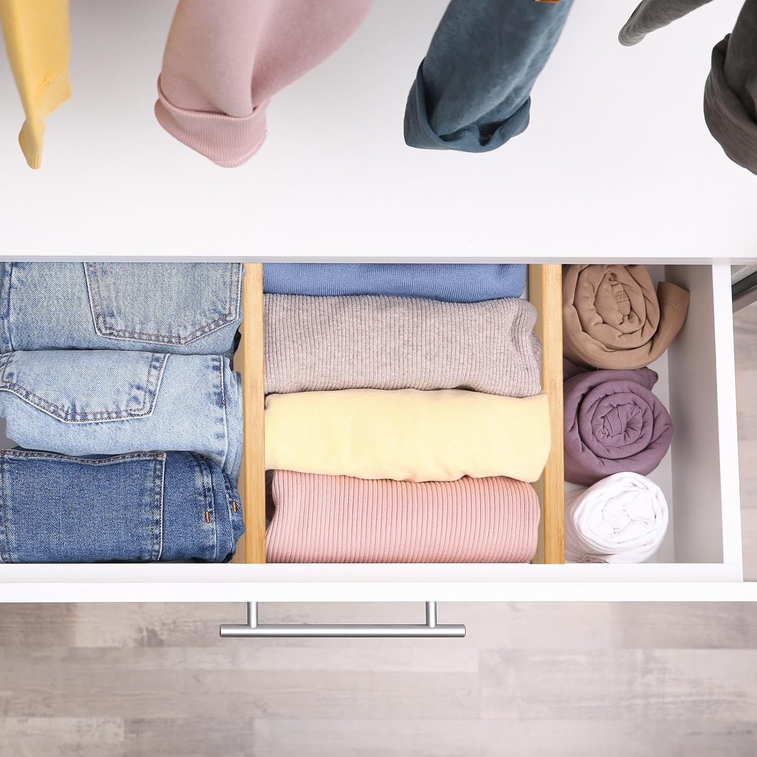 Fabsome Dresser Drawer Organizers 6 Pack, 4.65'' High Adjustable from 12.5-17‘’ Bamboo Drawer Dividers for Clothing Baby Clothes, Wooden Separators for Dresser Nursery Organization with Soft Foam Ends - Image 2