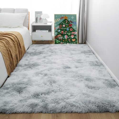 4×6 Light Grey Fluffy Shag Area Rug for Bedroom, Ultra Soft Fuzzy Plush Washable Carpet for Living Room, Modern Cozy Non Skid Furry Shaggy Rug for Kids Baby Boys Nursery Dorm,Tie-Dye Gray