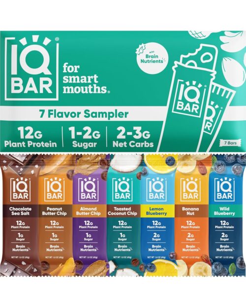 IQBAR Brain and Body Plant Protein Bars – 7 Bar Sampler Pack – Gluten Free, High Fiber, Vegan Snacks – Low Sugar Meal Replacement