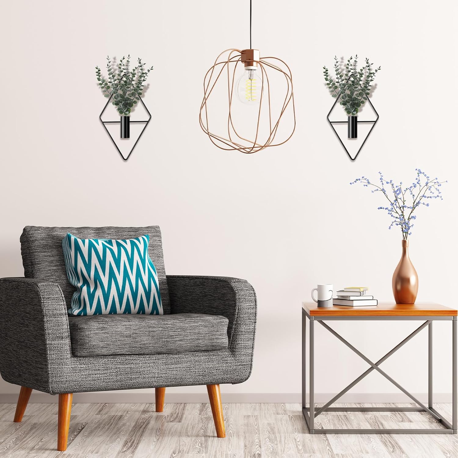 Jexine 2 Pcs Hanging Planters with Artificial Eucalyptus Metal Hanging Vase Indoor Plants Holder Modern Geometric Boho Wall Decor for Living Room Home Office(Black) - Image 7