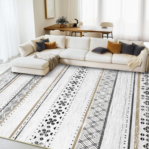 BESTSWEETIE 8×10 Area Rugs for Living Room Washable Moroccan Farmhouse Neutral Geometric Low Pile Non-Slip Soft Print Pattern Rug for Bedroom Kitchen Dining Room Entryway Black/Brown/Navy