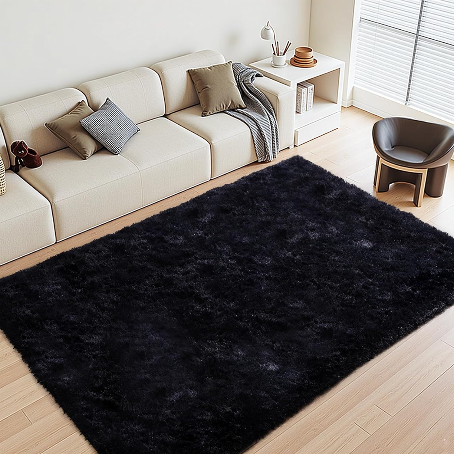 Black Rugs for Living Room Fluffy 4x6 ft Bedroom Rug Non-Slip Area Rugs Shag Carpet for Nursery Kids PlayRoom Dorm Office Indoor 1.7'' Thick Modern Plush Carpets Boys
