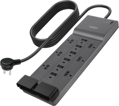 Belkin 12-Outlet Surge Protector Power Strip w/ 12 AC Outlets & 8ft Flat Plug, UL-listed Heavy-Duty Extension Cord for Home, Office, Travel, Computer, Laptop, Charger – 3,940 Joules of Protection