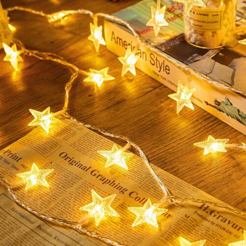 Minetom Star String Lights Battery Operated – 17 ft 50 LED Star Fairy String Lights with Timer, Waterproof for Indoor Bedroom Tent Loft Bed Patio Party Wedding Decor, Warm White