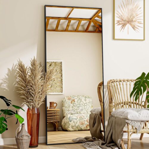 Mirror Full Length, 21″ x 57″ Floor Mirror with Stand, Aluminum Alloy Frame Full Body Mirror, Standing Hanging or Leaning Against Wall for Bedroom and Living Room, Black