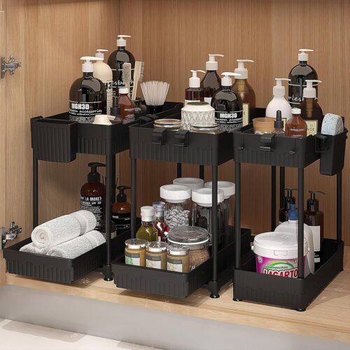3 Pack Under Sink Organizer, 2-Tier Multi-Use Kitchen Bathroom Organizers and Storage with Sliding Drawer,Bathroom Cabinet Organizer (Black)
