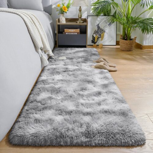 AROGAN 2×6 Feet Soft Runner Rugs for Bedroom Plush Fluffy Rug, Shag Furry Area Rug Carpet Non Shedding for Nursery Children Kids Girls Room Home Hallways Decorative, Grey and White