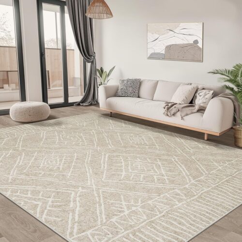 8×10 Area Rug for Living Room : Washable Rug Modern Geometric Soft Low Pile Non-Slip Stain-Resistant Carpet for Bedroom Dining Room Home Office – Beige