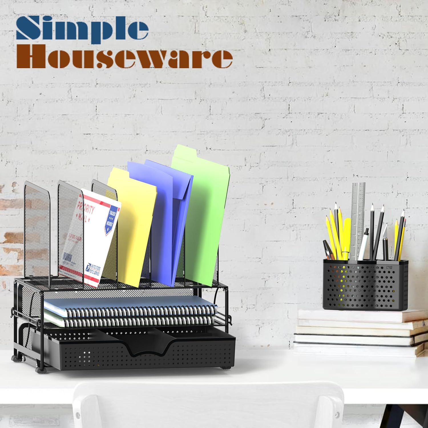 Simple Houseware Mesh Desk Organizer with Sliding Drawer, Double Tray and 5 Upright Sections, Black - Image 7