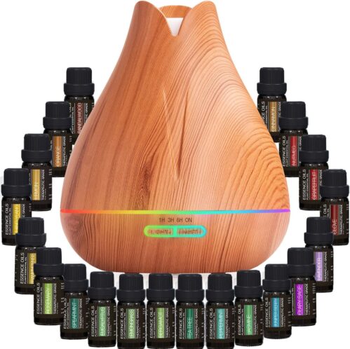Aromatherapy Essential Oil Diffuser Gift Set – 400ml Ultrasonic Diffuser with 20 Essential Plant Oils – 4 Timer & 7 Ambient Light Settings – Therapeutic Grade