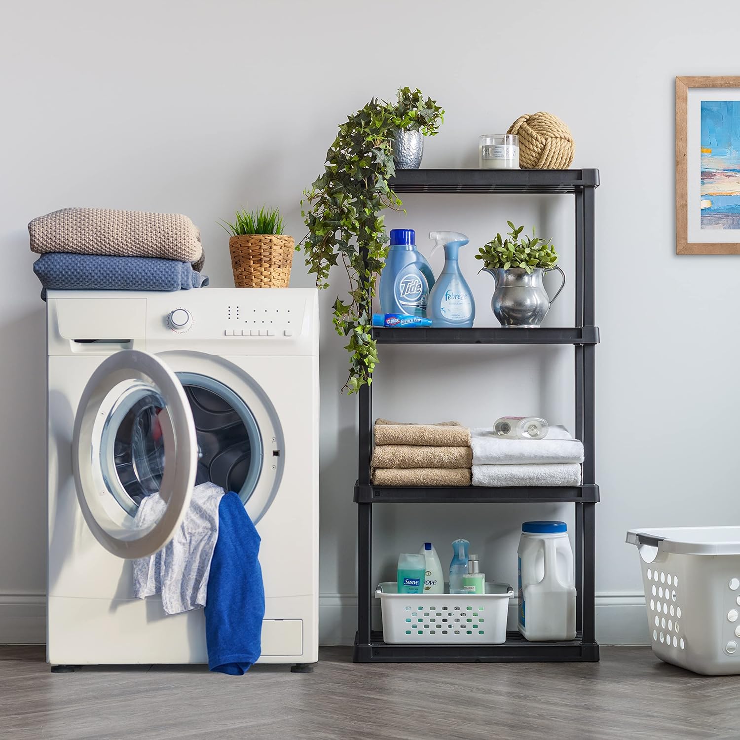 IRIS USA 4-Shelf Heavy Duty Plastic Storage Shelves, 160lb Capacity, 48"H x 24"W x 12"D, Medium Modular Shelving Unit Storage Organizer for Garage, Home, Bathroom & Laundry, Storage Rack - Black - Image 8