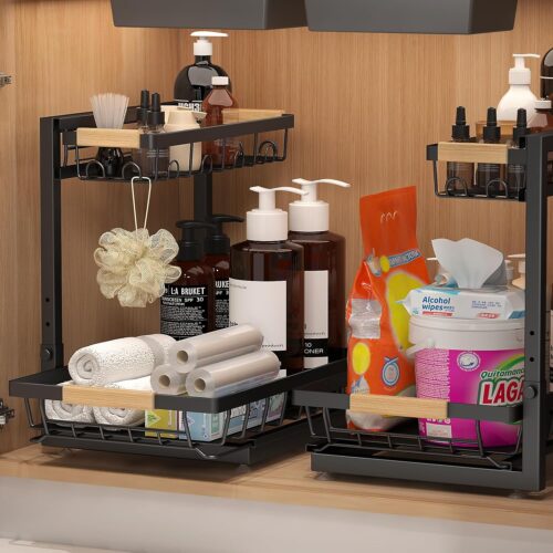 2 Packs Under Sink Organizer, High Adjustable 2 Tier Under Kitchen sink organizer, Multi-Purpose Storage Shelf for Kitchen Bathroom Cabinet, Black