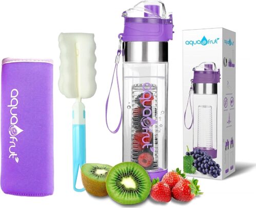 NEW Improved AquaFrut Bottom Loading Fruit Infuser Water Bottle Complete Bundle Includes Bottle Brush, Insulating Sleeve & Infusion Recipe eBook. Leak Proof Sweat Proof BPA-Free (Purple)