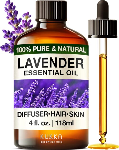 Kukka Lavender Essential Oil for Diffuser – Huge 4 Fl Oz – 100% Pure Natural Lavender Oil for Skin & Hair – Experience Calming Relaxation for Body, Aromatherapy & DIY Soap Making Scent
