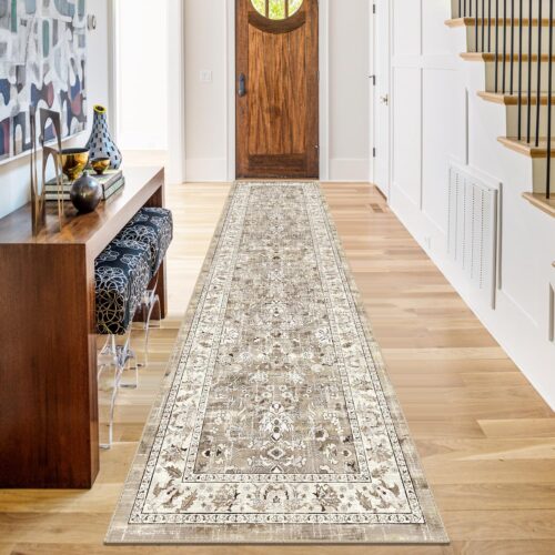 LOKHOM Washable Runner Rug, 2×8 Non-Slip Vintage Hallway Runner Rug with Rubber Backing, Boho Floral Soft Faux Wool Kitchen Rug Carpet Runner for Laundry Entryway Bedroom (Beige Brown)