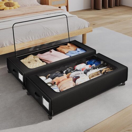 Under Bed Storage with Wheels(2-Pack),Extra Large 66L Under the Bed Storage Organizer with Lid,Rolling Under the Bed Storage Metal Drawer for Clothes,Shoes,Toys for Dorm Bedroom (35.6 x17.2x 6.7 in)