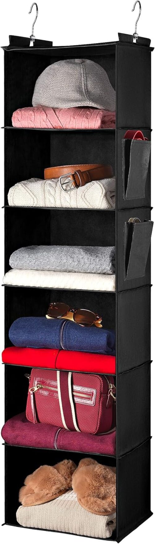 Hanging Closet Organizer – 6 Shelf – Storage Shelves for Clothes and Sweater Organization. Six Tier Dorm Room Shelving Organizers with Hanger for Clothing Drawers. (Black)