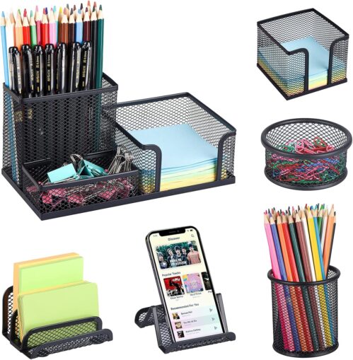 Pen Holder for Desk, 6 Pieces Mesh Desk Organizer set 3 Compartments pens holder, Mail Organizer Letter Holder Home Office Supplies Caddy Storage Baskets for Desktop Accessories(6 Piece set, Black)