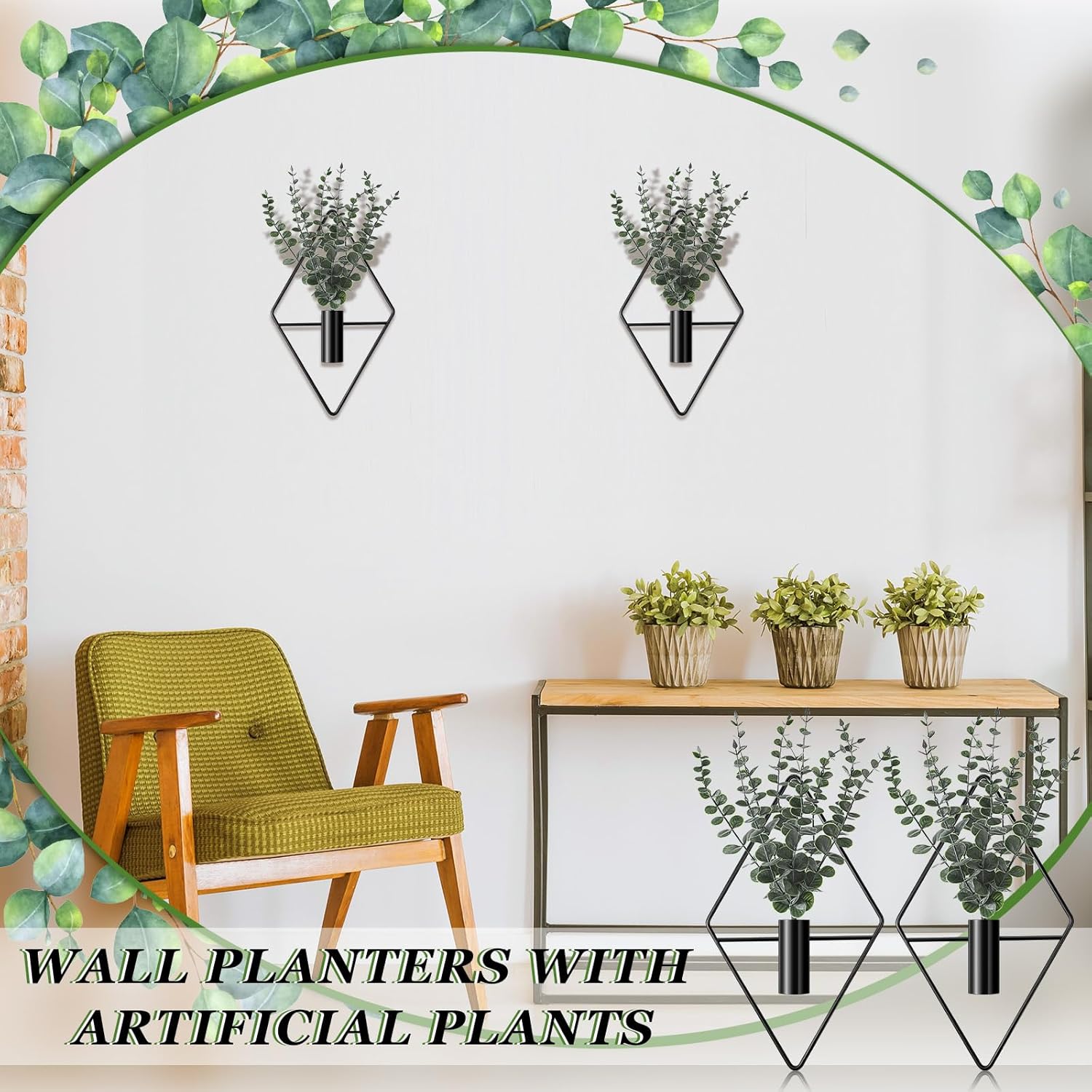 Jexine 2 Pcs Hanging Planters with Artificial Eucalyptus Metal Hanging Vase Indoor Plants Holder Modern Geometric Boho Wall Decor for Living Room Home Office(Black) - Image 4