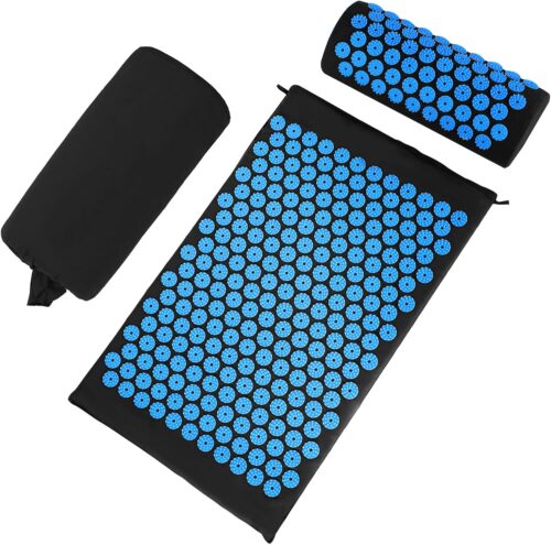Acupressure Mat Set, Acupuncture Point Massage Pillow, Relieving Back and Neck Pain, Muscle Relaxation and Stress Reduction, Sciatica Relief, Suitable for Men and Women, Carry a Handbag, Bule Black