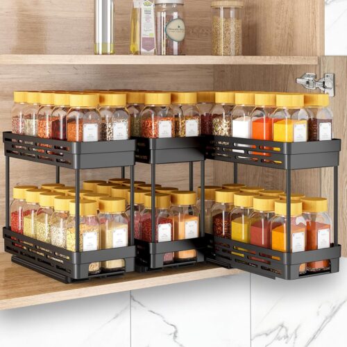 3 Packs Pull Out Spice Rack Organizer for Cabinet, Slide Out Spice Racks Organizer, Easy to Install Spice Cabinet Organizers, 4.33”Wx10.4”Dx8.5”H, Each Tier Hold 10 Spice Jars – 2 Tier
