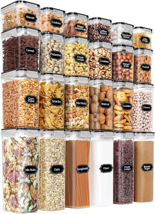 PRAKI Airtight Food Storage Containers Set with Lids – 24 PCS, BPA Free Kitchen and Pantry Organization, Plastic Leak-proof Canisters for Cereal Flour & Sugar – Labels & Marker