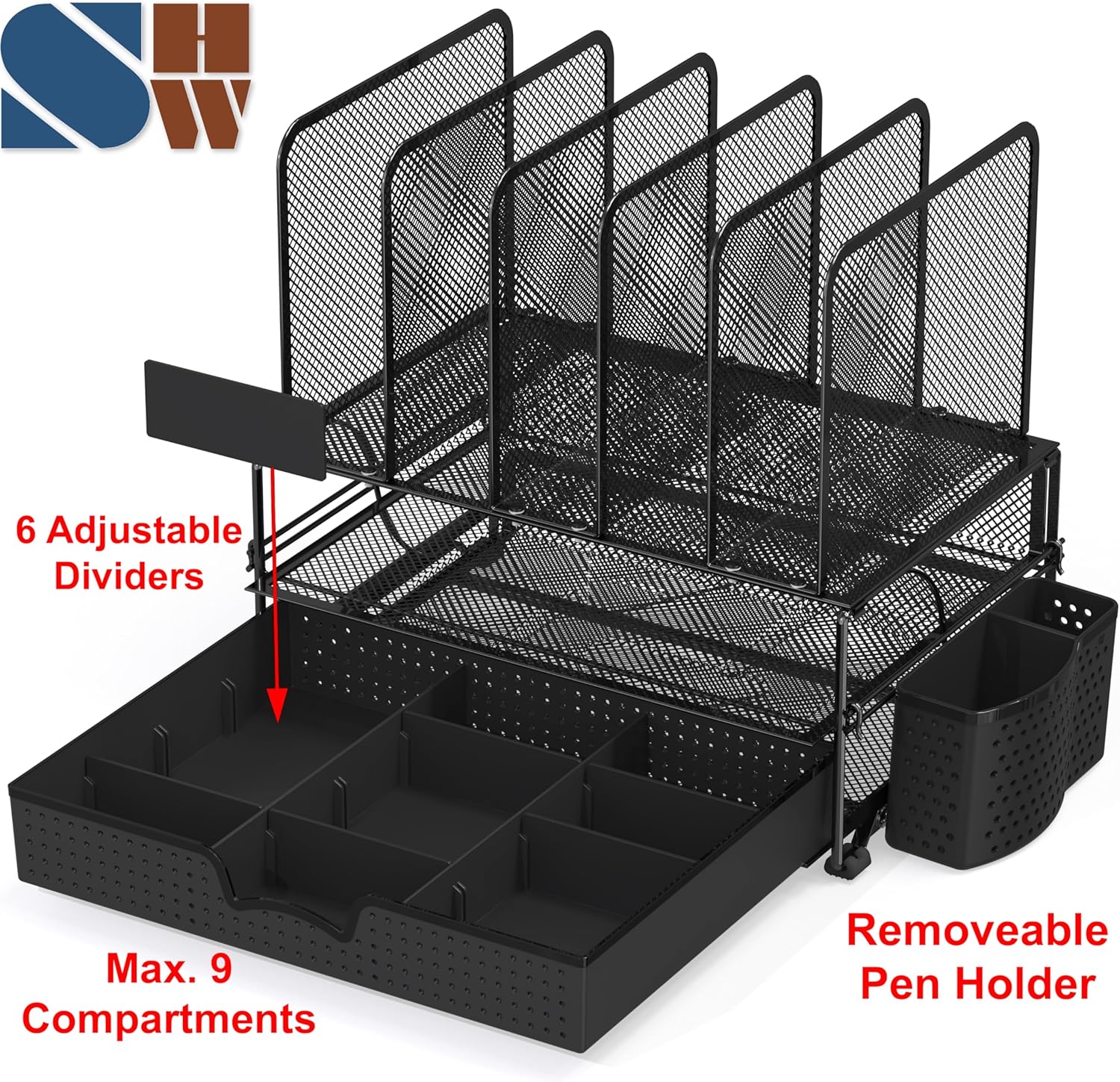 Simple Houseware Mesh Desk Organizer with Sliding Drawer, Double Tray and 5 Upright Sections, Black - Image 3