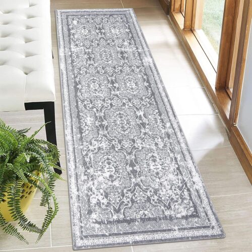 Vaukki Hallway Runner Rug, Vintage Shaggy Soft Laundry Rug Runner, Non Slip Entryway Mat, Washable Farmhouse Kitchen Area Carpet for Bathroom, and Bedroom (2′ X 6′, Grey)