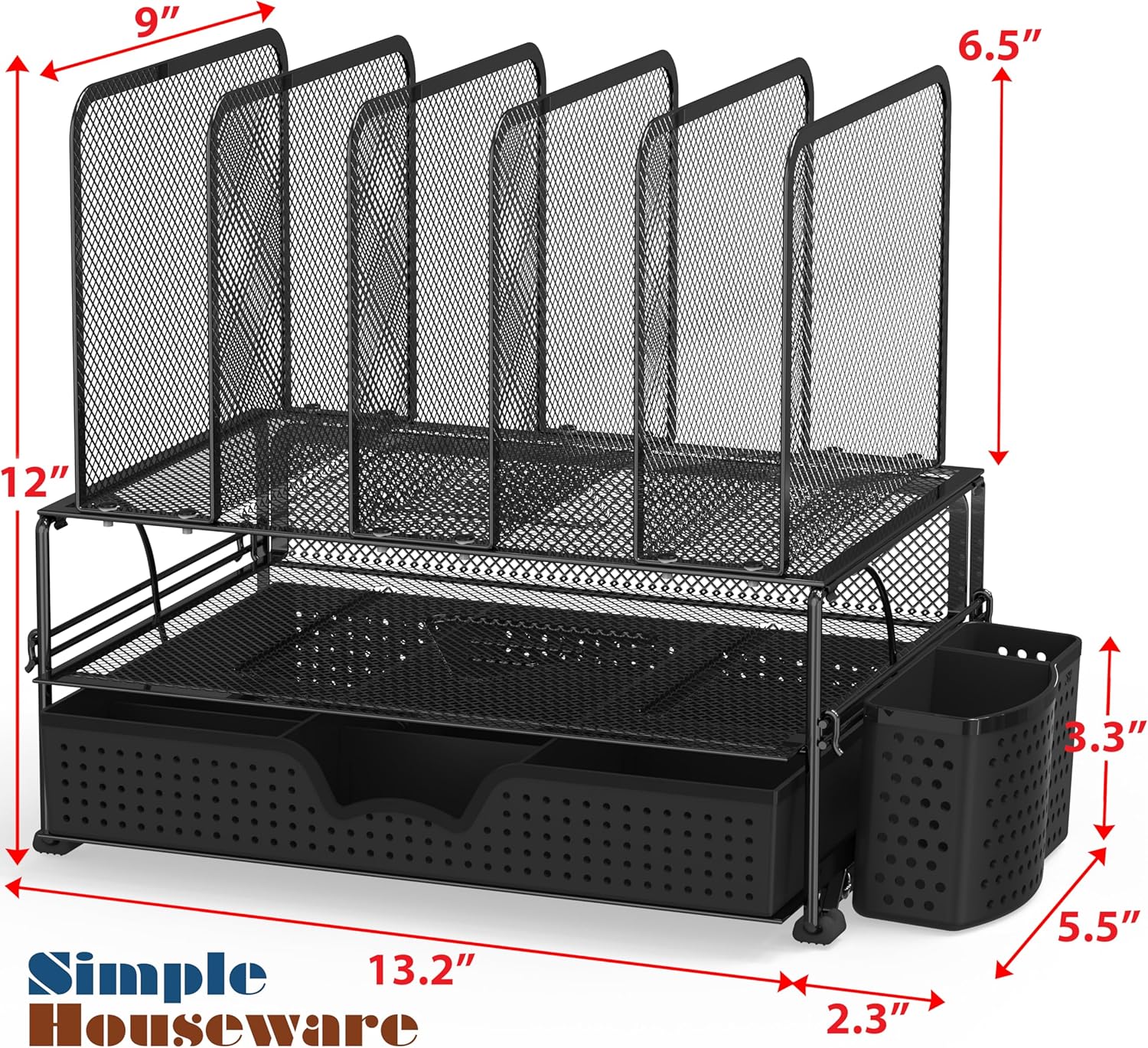 Simple Houseware Mesh Desk Organizer with Sliding Drawer, Double Tray and 5 Upright Sections, Black - Image 2
