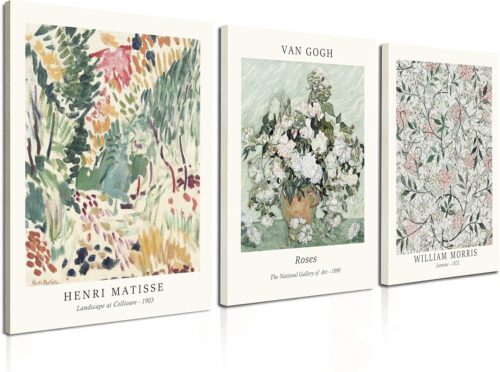 Induslyfe Framed Sage Green Vintage Wall Art Canvas Decor Set of 3, Matisse Wall Art Prints Posters Mid Century Modern Art, Aesthetic Floral Botanical wall art for bedroom, living room, bathroom 12×16