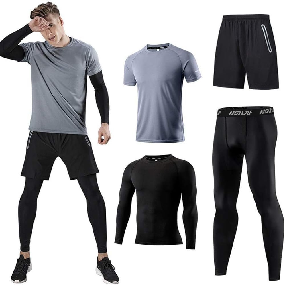 Men’s Sports Running Set (Pack of 4 or 5) Athletic Shirt+Short/Compression Shirt+Pants with Coat Tracksuit Gym Suits