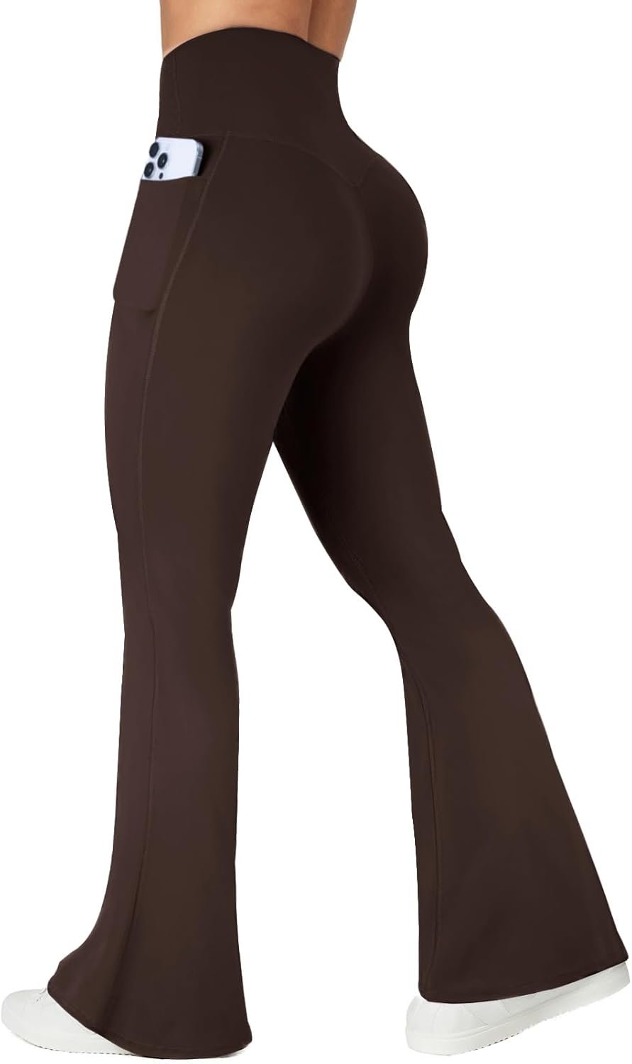 Flare Leggings with Pockets for Women Seamless Crossover Yoga Pants with Tummy Control Bootcut Work Pants Trendy