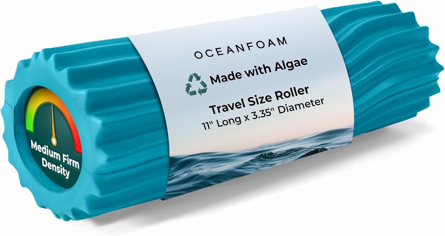 Oceanfoam Ripple Travel Foam Roller (11″ x 3.35″) Firm Mini Foam Roller for Physical Therapy, Deep Tissue Massage, Back Pain, High Density, Ergonomic Wave Textured, Yoga, Pilate, Exercise (Miami Blue)