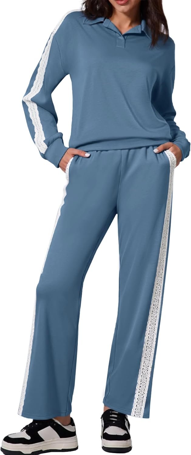 Glamaker Womens Sweatsuits 2 Piece Set Fall Sweatshirt Polo Top Track Suit Lace Wide Leg Lounge Travel Outfits