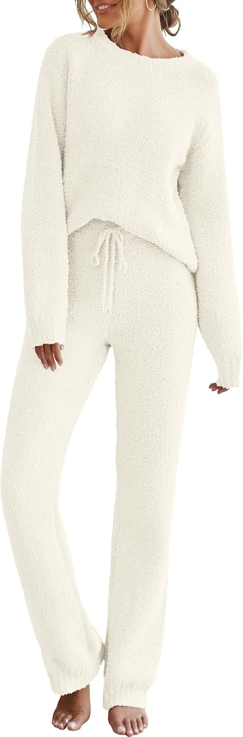 MEROKEETY Womens Pajama Sets 2025 Fall Lounge Sweater Set Cute Fuzzy Fleece 2 Piece Long Sleeve Cozy Winter Pj Outfits