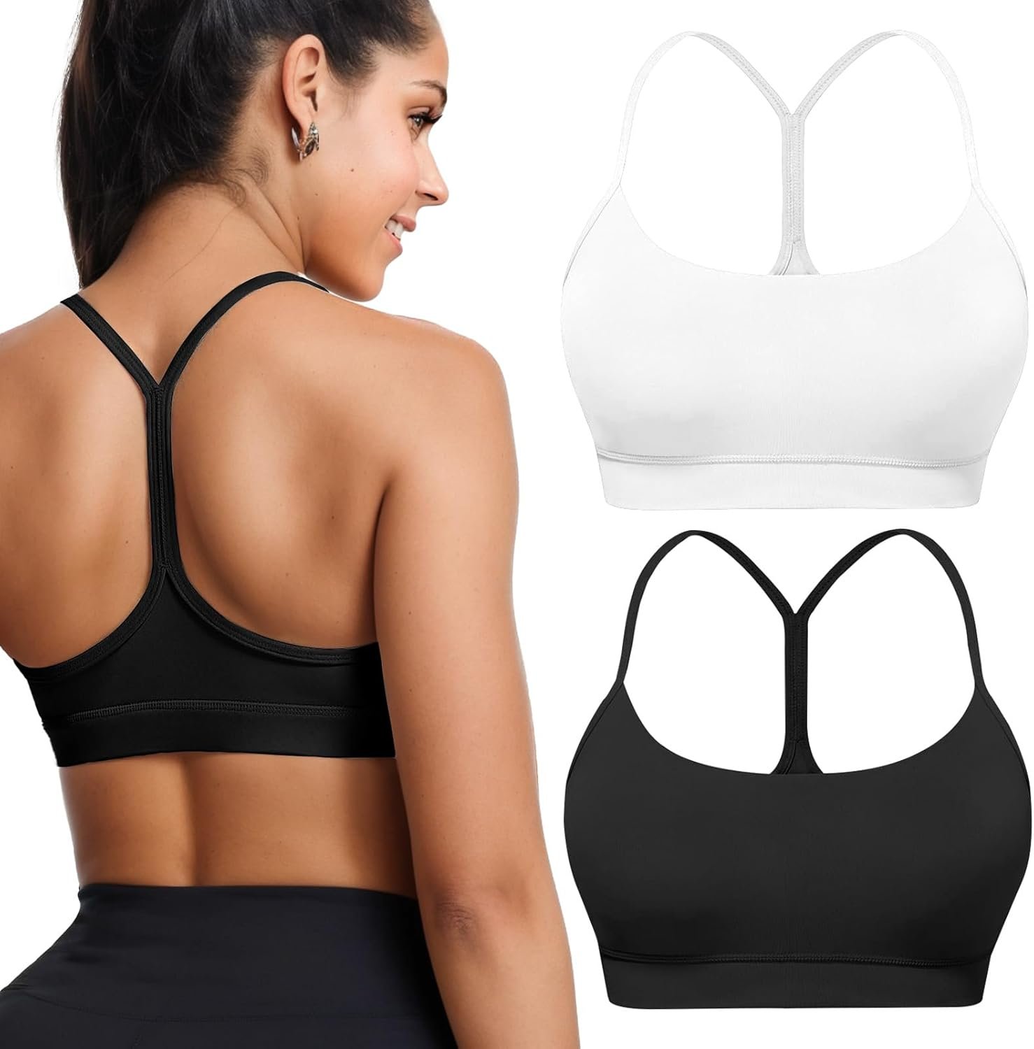 Buauty 2 Packs Y Back Sports Bra for Women, Low Impact Padded Racerback Spaghetti Strap Bras, Workout Yoga Tops