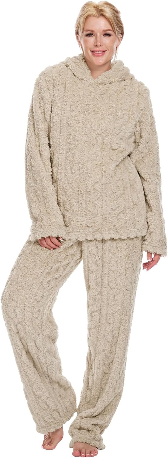 Fleece Pajamas For Women Set 2 Piece Fluffy PJ Sets For Sherpa Womens Flannel Loungewear Set