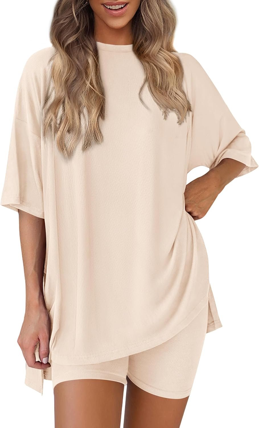 PRETTYGARDEN Women 2 Piece Lounge Set 2026 Summer Casual Oversized Shirts Biker Shorts Matching Airport Travel Outfit Clothes