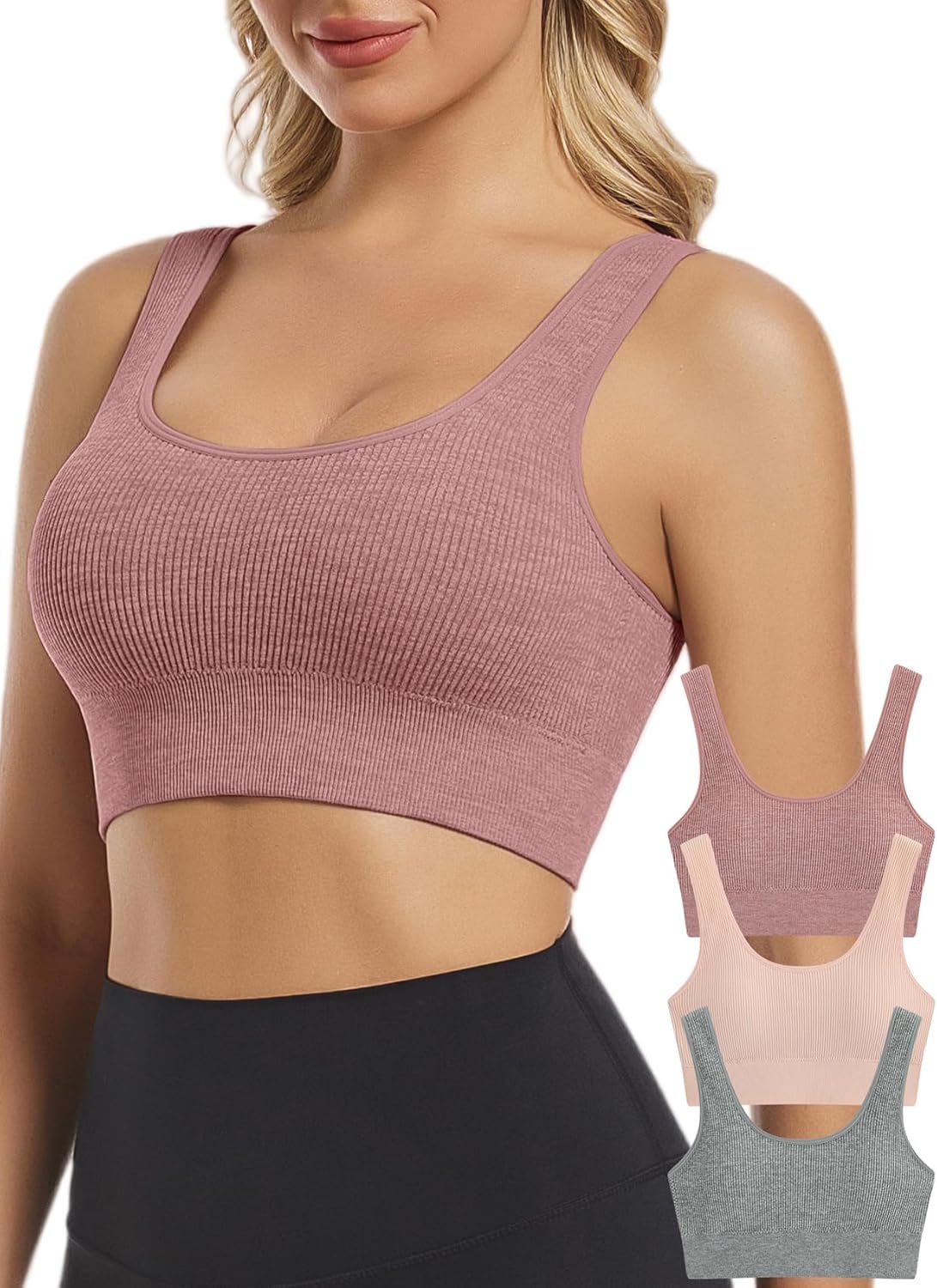 Chilylori Seamless Sports Bras for Women Pack of 3 Ribbed Sports Bra Workout Tops Cropped Tank Top Comfort Padded Yoga