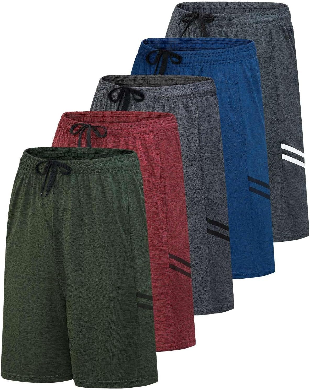 Real Essentials Men’s 5 Pack: 9″ Dry-Fit Shorts – Athletic Gym, Workout, Basketball, Running, Casual Lounge Active Pockets