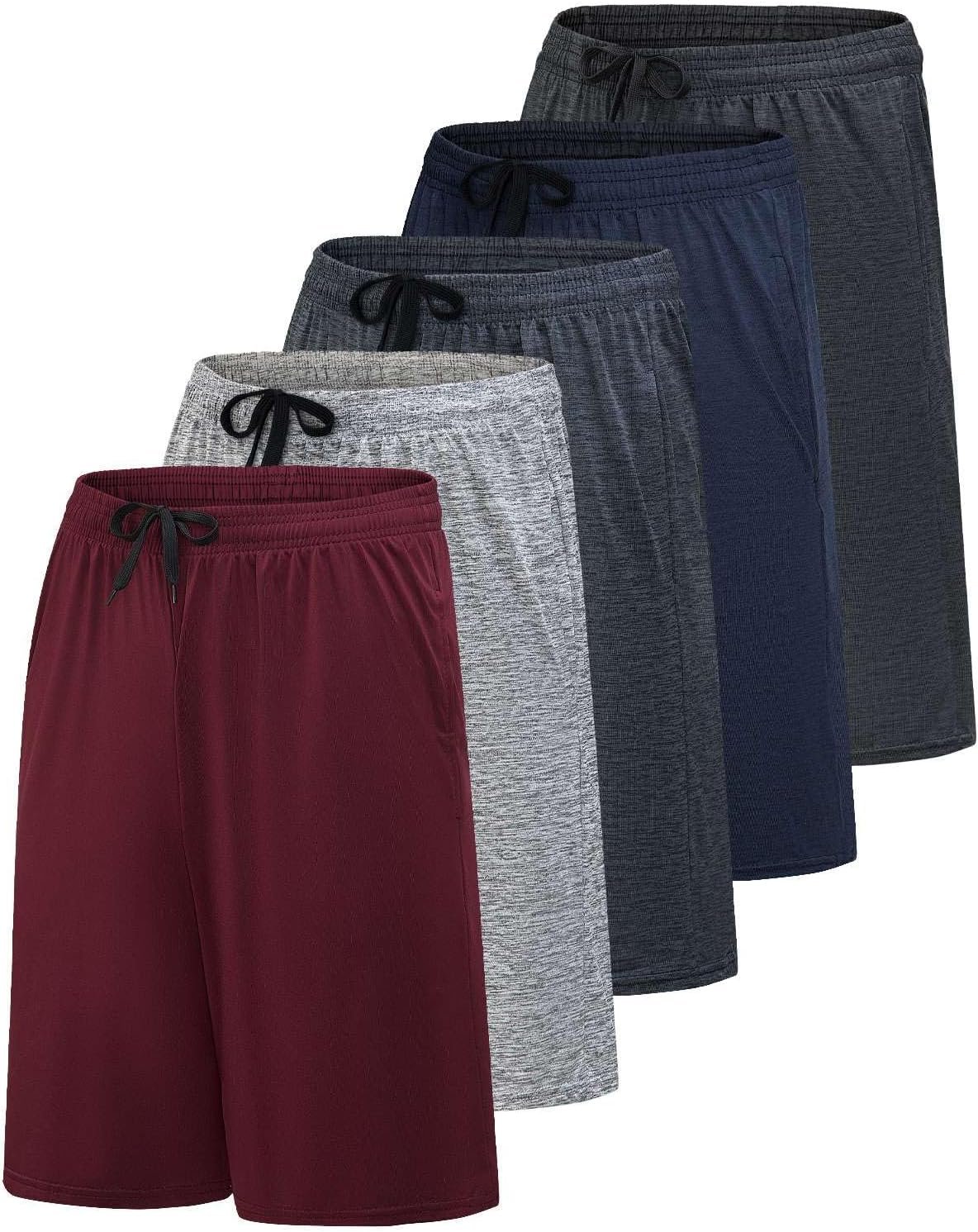 Real Essentials Men’s 5 Pack: 9″ Dry-Fit Shorts – Athletic Gym, Workout, Basketball, Running, Casual Lounge Active Pockets