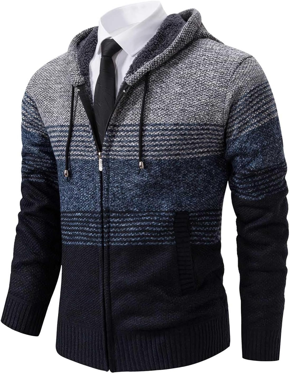 Mylldey Mens Hoodies Knit Sweater, Full Zip Fleece Lined Cardigan Sweaters Casual Regular Fit Knit Hooded Men Sweater Jacket