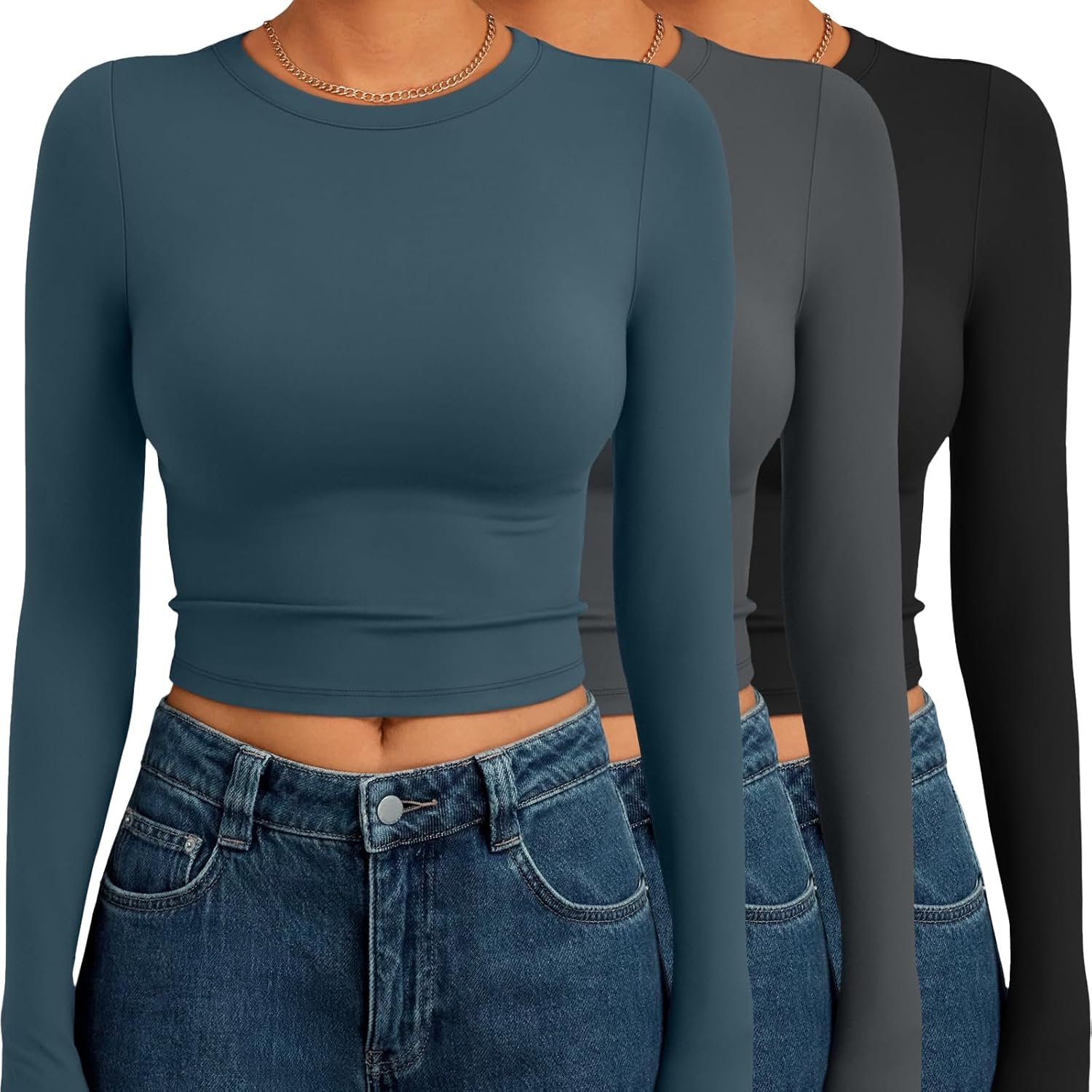 AUTOMET 3 Pack Womens Long Sleeve Shirts Y2K Going Out Crop Tops Cute Basic Slim Fitted Fall Fashion Outfits 2025 Clothes