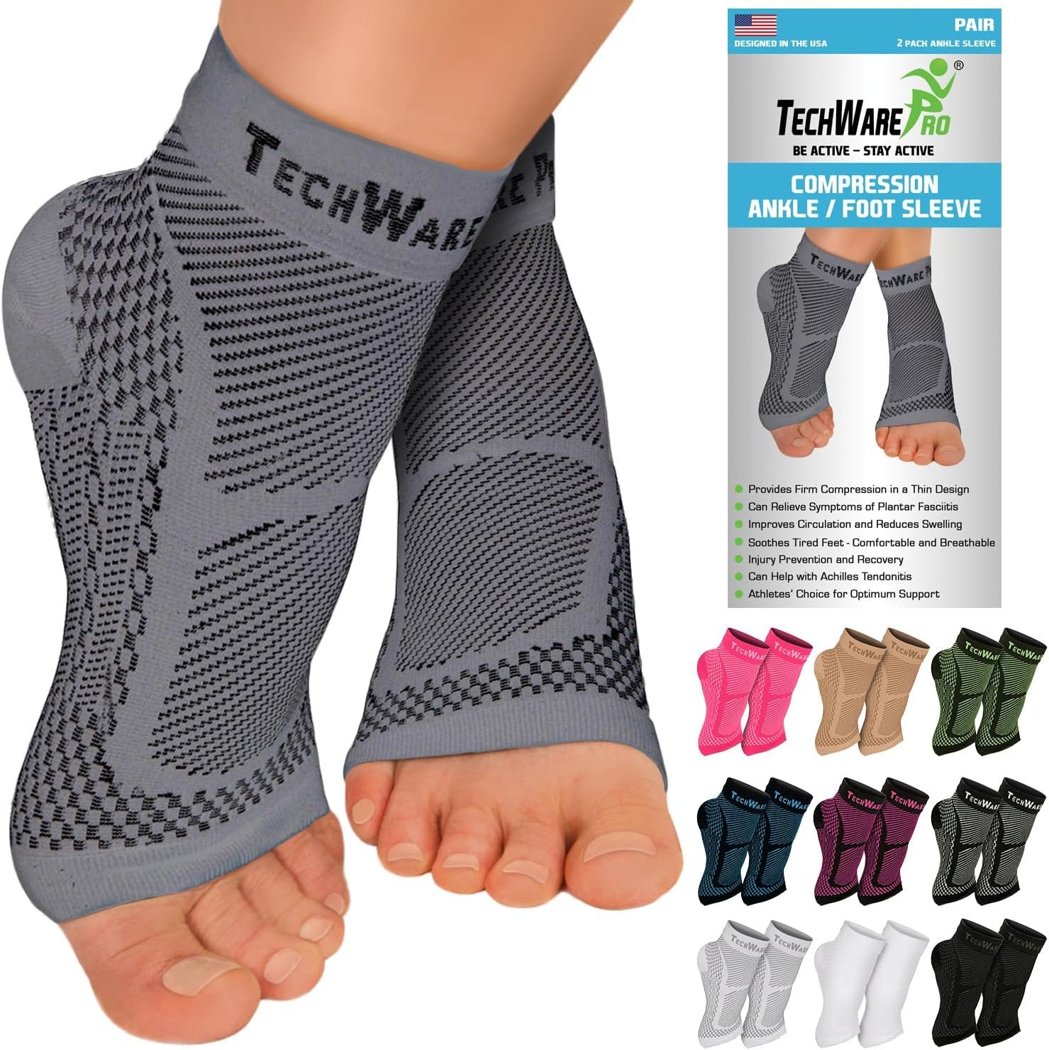 TechWare Pro Ankle Brace Compression Sleeve – Plantar Fasciitis Sock. Relieves Achilles Tendonitis. Foot Arch Support Reduces Joint Pain, Swelling & Heel Spur Pain. Injury Recovery Braces for Sports